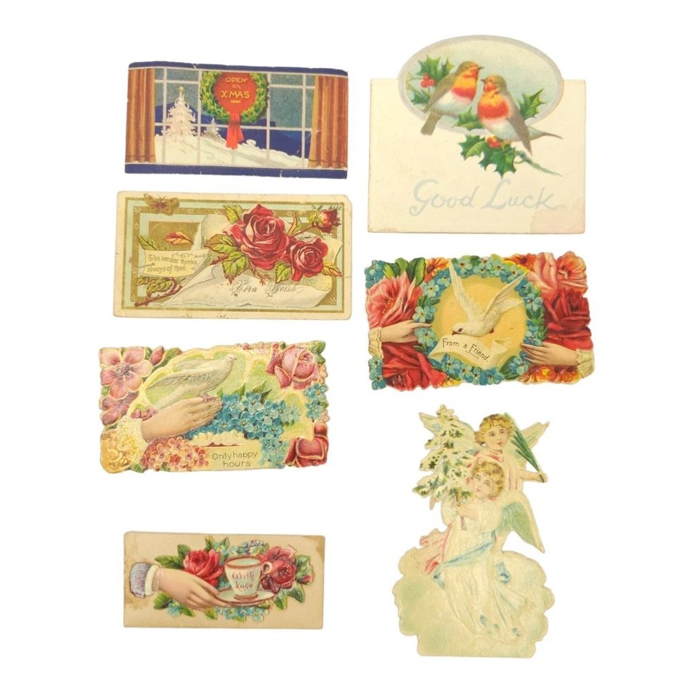 Antique 1900s Gift Tags Fancy Edge Envelope Photo Angel Bird Floral Wreath Lot 7